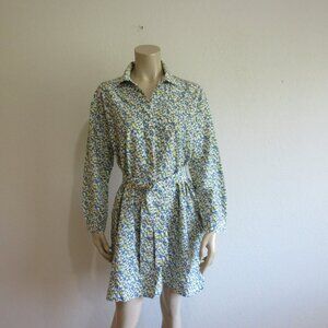 A.P.C. Blue/Yellow/White Floral Pattern Belted Long Sleeve Silk Blend Dress